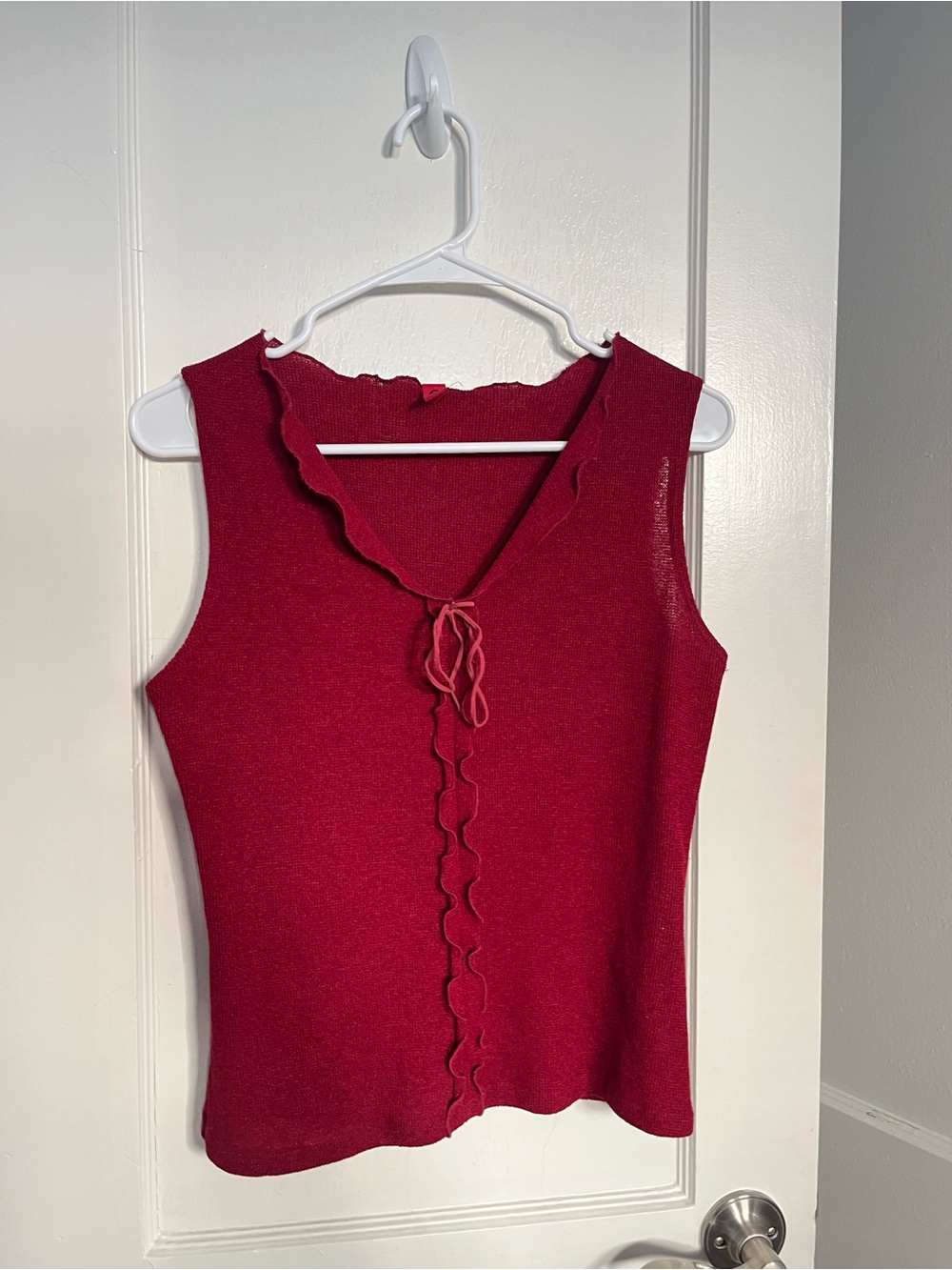 Sleeveless Euro Ruffle-Trim Tie Front Top - Red